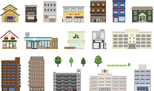 Building Icon of the building way to school stock illustrations