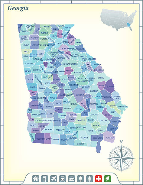 Map of Georgia counties with community assistance icons Georgia Map with Counties and Activities & Community Assistance Icons georgia stock illustrations