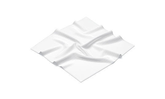 Blank white twill silk scarf mockup, side view, 3d rendering. Empty tweed or fabric crumpled neckerchief accessories mock up, isolated. Clear unfolded elegant shawl or silken kerchief template.