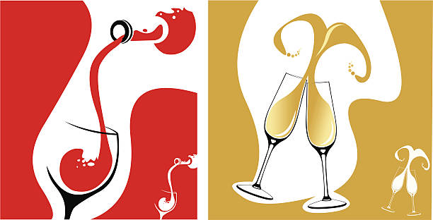 ilustrações de stock, clip art, desenhos animados e ícones de vinho tinto despeje e champagne flutes conceitos - pouring