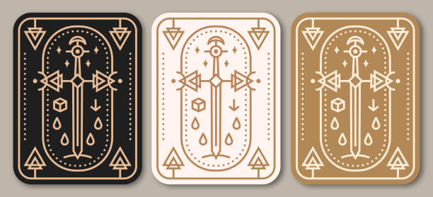 istock Esoteric symbols poster, banner. Vector. Thin line geometric badge. Outline icon for alchemy or sacred geometry. Mystic and magic design with Old sword. 1644503429