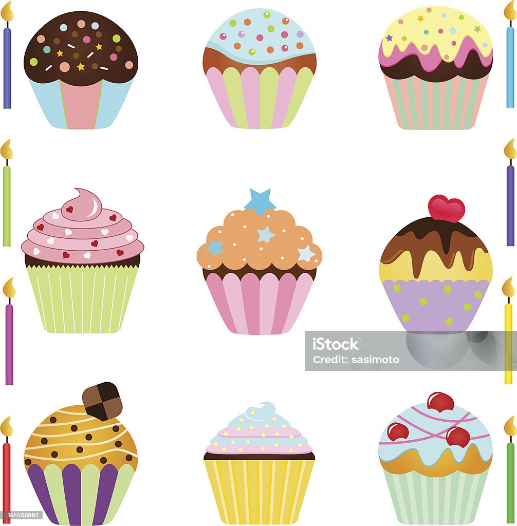 Cute Cupcakes and Happy Birthday Candles vector Icons : Cute Cupcake with different toppings and Happy Birthday Candles Baked stock vector