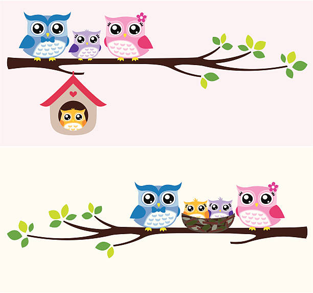 ilustraciones, imágenes clip art, dibujos animados e iconos de stock de se llegan familia feliz sentado en una rama de árbol. - owl baby shower spring young animal