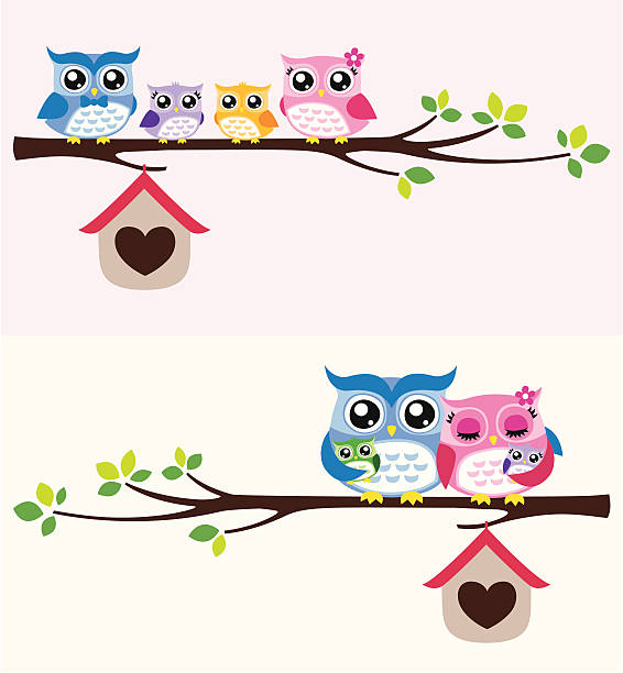 ilustraciones, imágenes clip art, dibujos animados e iconos de stock de se llegan familia feliz sentado en una rama de árbol. - owl baby shower spring young animal