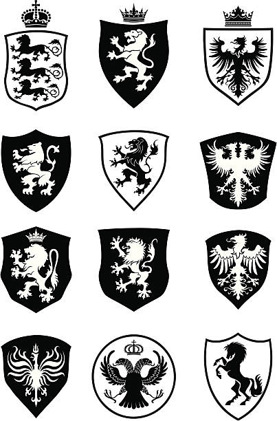 illustrazioni stock, clip art, cartoni animati e icone di tendenza di set di scudo araldica - lion coat of arms shield backgrounds