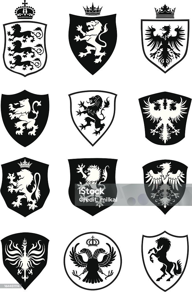Set of shield heraldry "Set of heraldry shield design, with lions, eagles and horse.ZIP contain AI12cs2,EPS8,large JPEG and PDF files." Lion - Feline stock vector