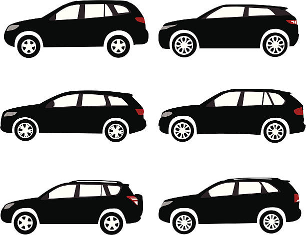 Set of modern off-road, sport utility vehicles silhouettes. "Set of modern off-road, sport utility vehicles silhouettes. Layered vector illustration. One of the similar in series of car silhouettes" ford truck black stock illustrations