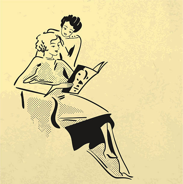 Women in hairdressing salon "The hairdresser cutting hair of young woman,  black and white retro style" 1930s style stock illustrations