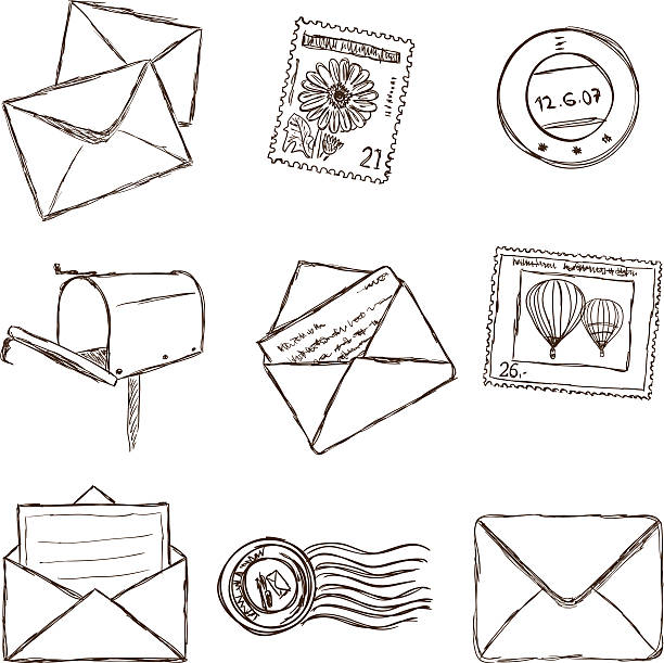 Illustration of mailing icons - sketch style Illustration of postal and mailing icons - sketch style postage stamp illustrations stock illustrations