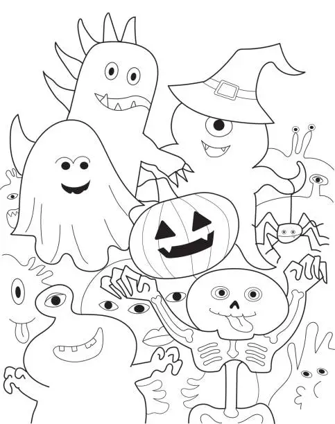 Vector illustration of Halloween ghost monster cartoon drawing.