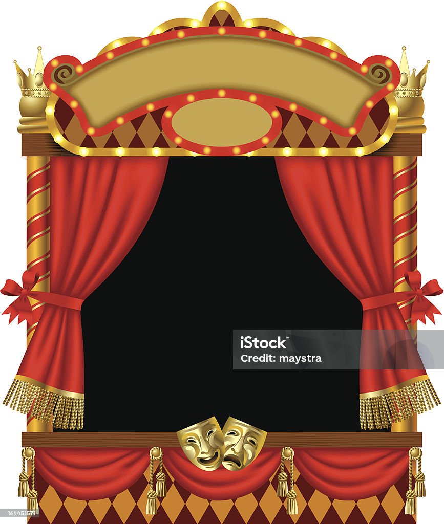 Puppet show booth "Vector image of the illuminated puppet show booth with theater masks, red curtain and signboards" Carnival Booth stock vector