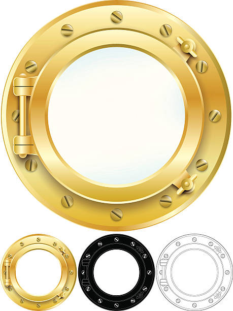 Porthole "4 versions of a ship's porthole. Includes a version with glass, one without, a line art, and a silhouette version. A PNG of the no-glass version is included for your convenience and can be used as a frame. Contains transparencies and is saved as EPS 10 format." porthole stock illustrations