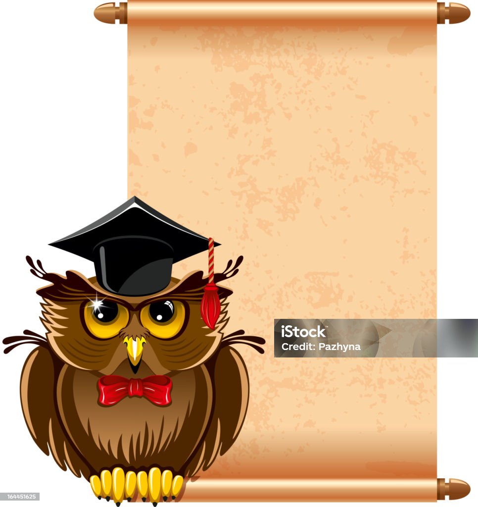 Wise owl Cartoon wise owl in graduation cap and scroll paper. There is place for your text. Animal stock vector