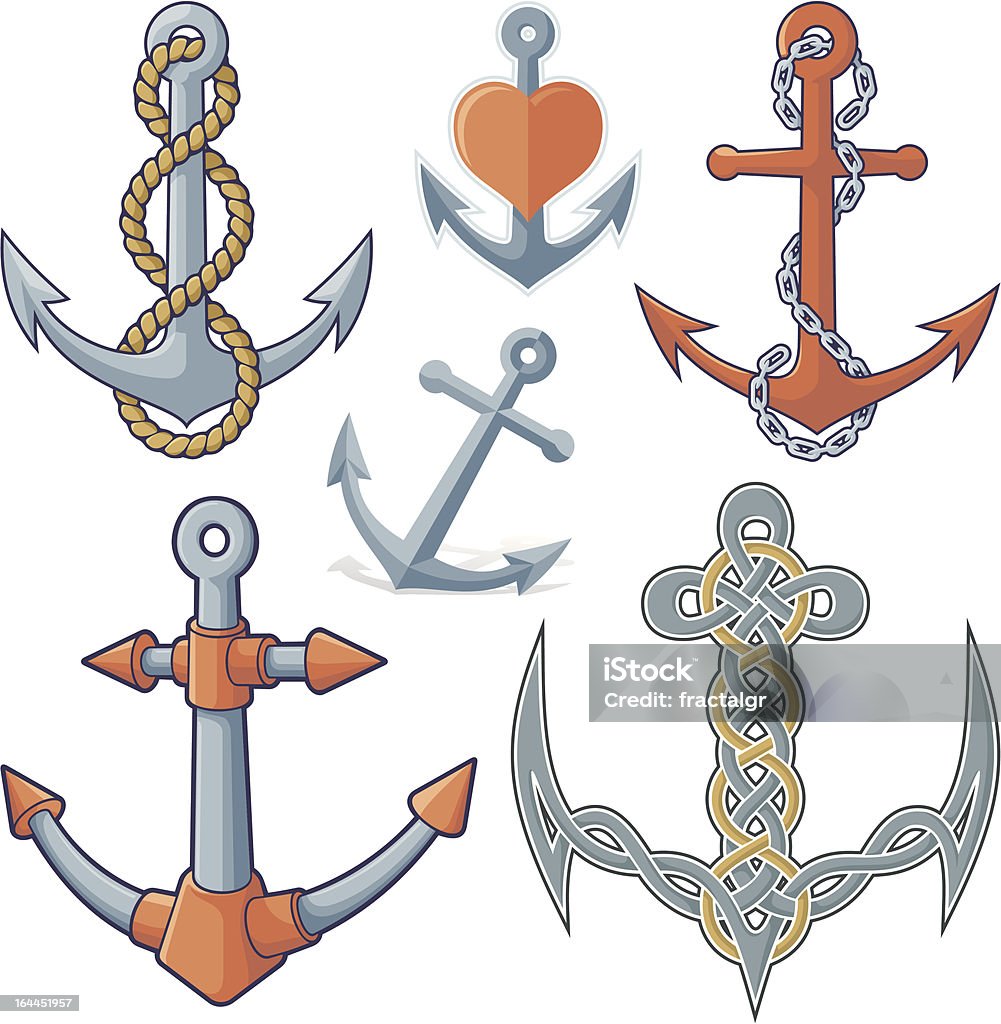 Anchors Set of six anchor icons isolated on white background. Anchor - Vessel Part stock vector