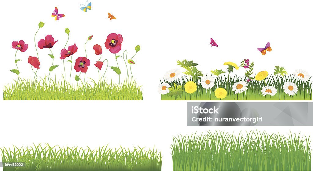 Set di fiori e verde erba. Vettore. - arte vettoriale royalty-free di Giallo