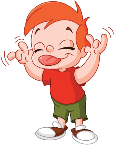 Young red headed boy makes silly face using tongue and hands