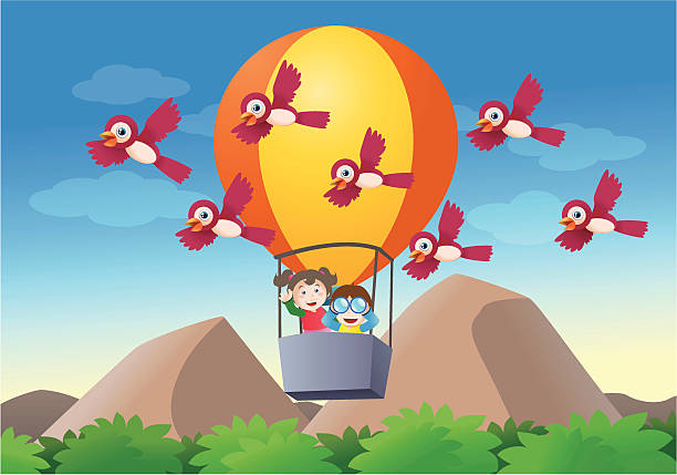 illustrations, cliparts, dessins animés et icônes de enfants équitation en montgolfière - balloon moving up child flying