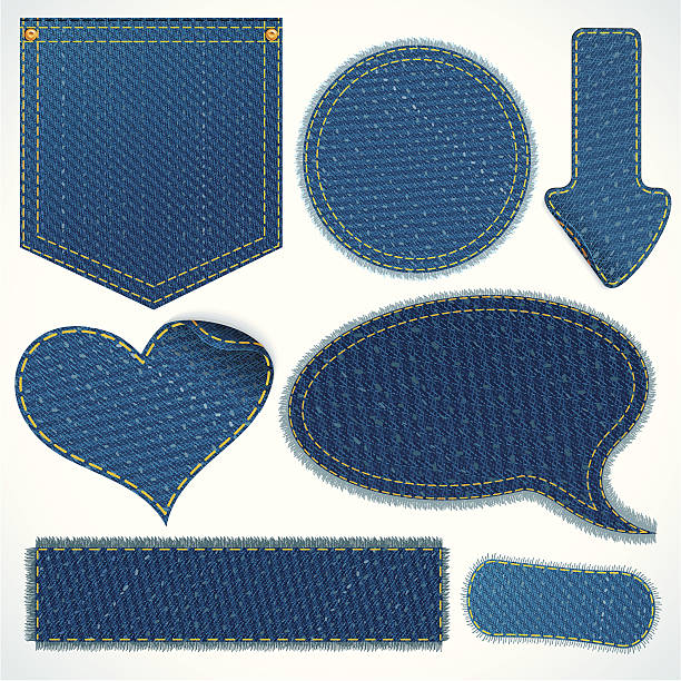 Vector Jeans Elements Stitched Textile Denim Patch, Pocket, Fragments, Isolated Vector Design Elements. Stitch stock illustrations