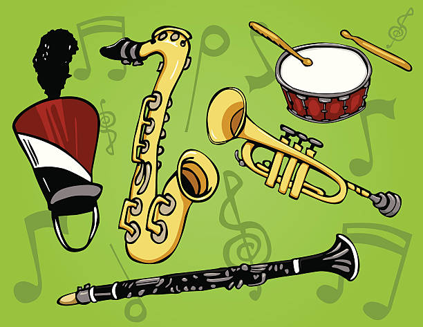 ilustraciones, imágenes clip art, dibujos animados e iconos de stock de banda de instrumentos - trumpet brass instrument marching band musical instrument