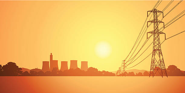 Electrical power lines with power plant behind it at sunset vector art illustration