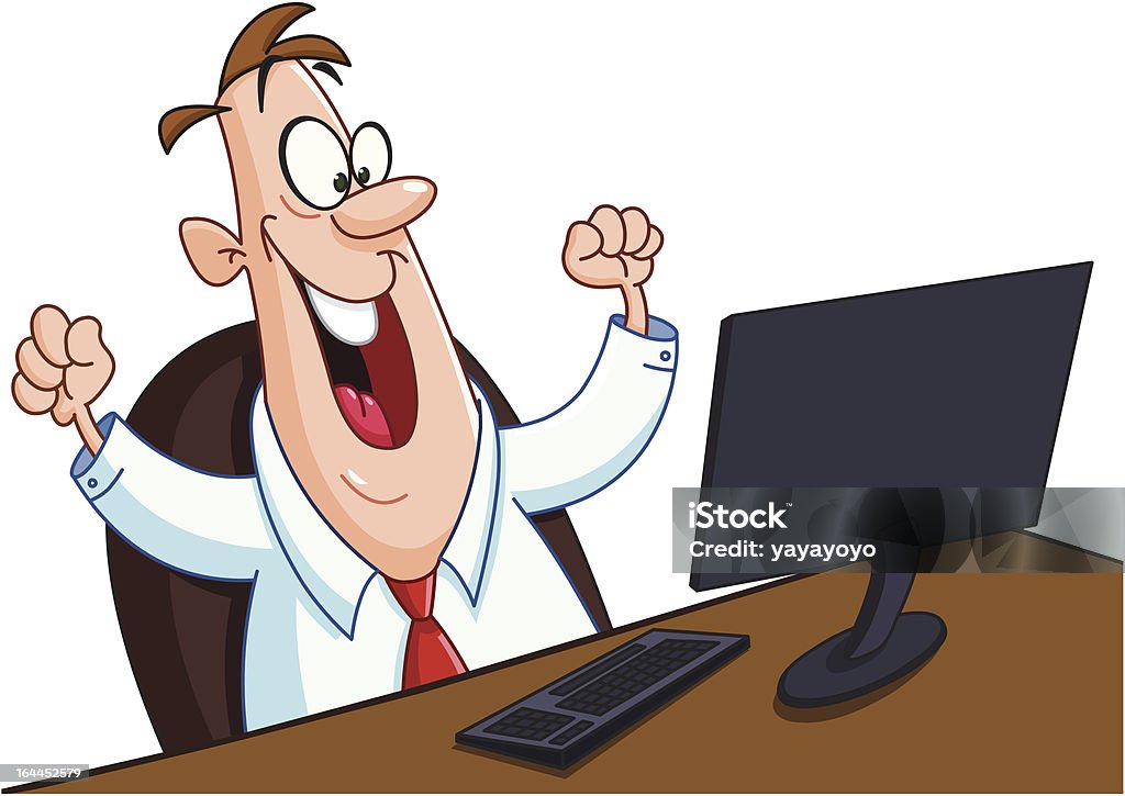 Happy man with computer Happy man looking at his computer screen Achievement stock vector