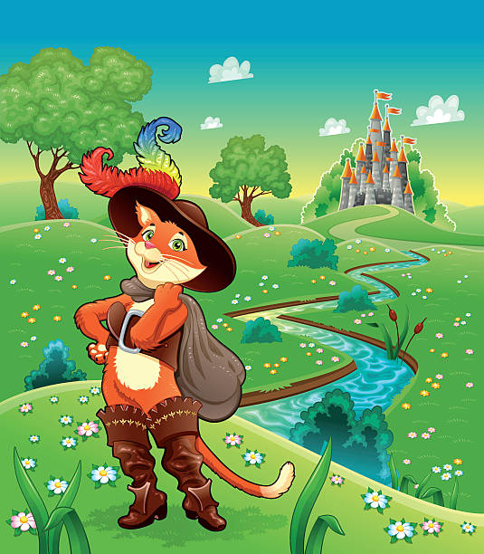 Cartoon illustration of Puss in Boots and river with kingdom vector art illustration