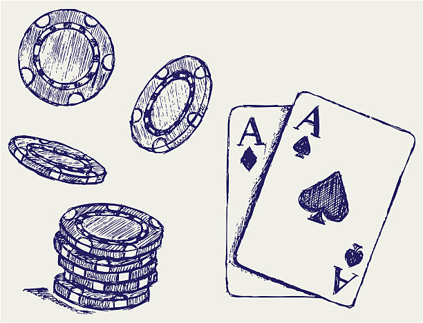 Pen and ink illustration of gambling chips and pair of aces vector art illustration