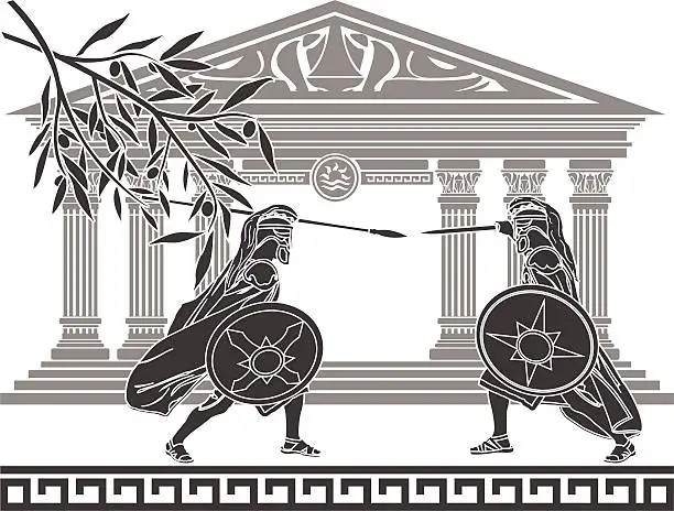 Vector illustration of greek warriors and temple
