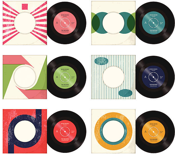 Retro Record Sleeves "Six vector retro styled vinyl record sleeves with records, on a white background with a worn effect" grooved stock illustrations