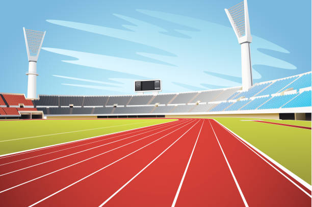 illustrazioni stock, clip art, cartoni animati e icone di tendenza di stadio sportivo e pista da corsa - track and field stadium