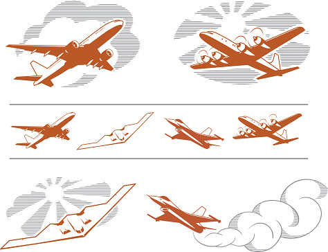 Silhouettes of different airplanes in vintage style. Airbus A320, Douglas C-54 Skymaster, B-2 Spirit and F-16 Fighting Falcon.