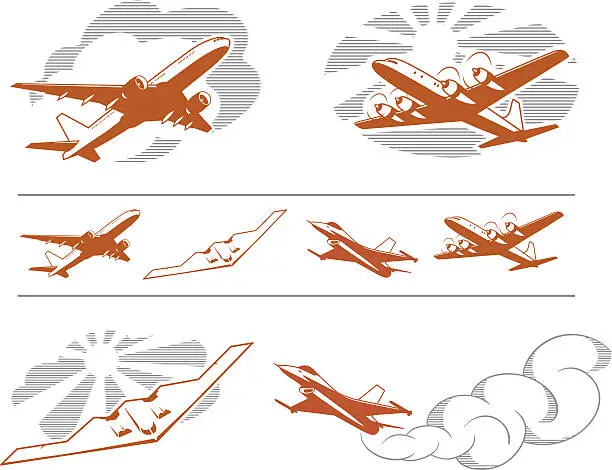 Vector illustration of Assorted art of aircraft in flight