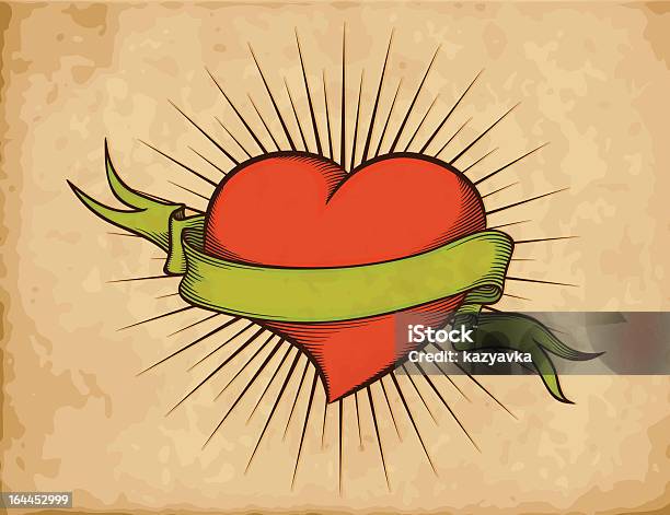 Heart With Ribbon In Tattoo Style On Old Paper Stock Illustration - Download Image Now - 1930, Art, Arts Culture and Entertainment