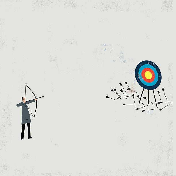 ilustraciones, imágenes clip art, dibujos animados e iconos de stock de hombre de tiro flechas - target aspirations failure arrow