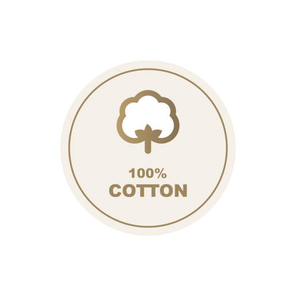 baumwolletikett - rundes designelement, 100%, aufkleber, tag, beiger hintergrund - cotton flower textile textile industry stock-grafiken, -clipart, -cartoons und -symbole