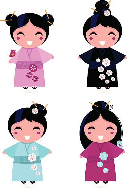 ilustraciones, imágenes clip art, dibujos animados e iconos de stock de linda geisha conjunto aislado en blanco - chica kimono del anime