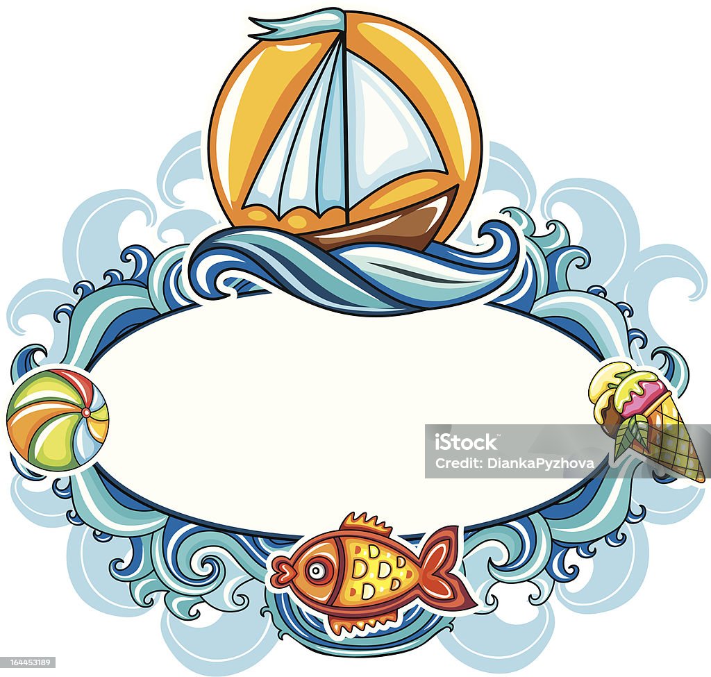 Summer frame "Beautiful summer mood frame featuring sea world, curly blue waves, bright sun, sail boat, goldfish, colorful ball and ice-cream" Abstract stock vector
