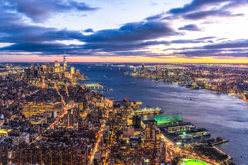 A view looking towards Lower Manhattan and the Hudson River, photographed soon after sunset.