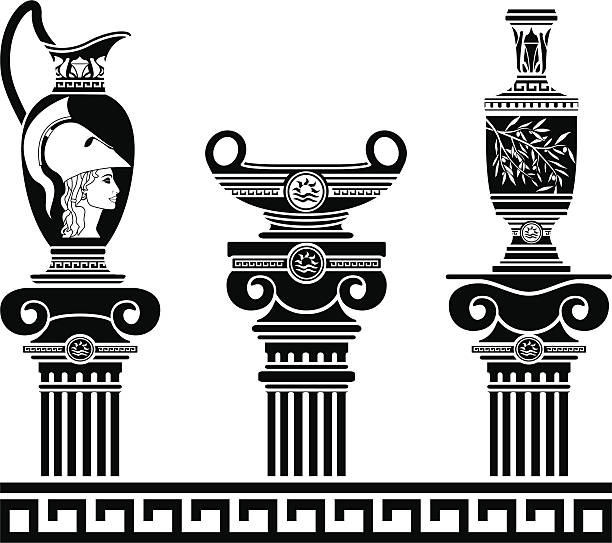 набор hellenic вазами и ионические колонны - jug decorative urn ancient greek culture stock illustrations