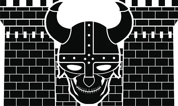 Vector illustration of two towers and skull of viking
