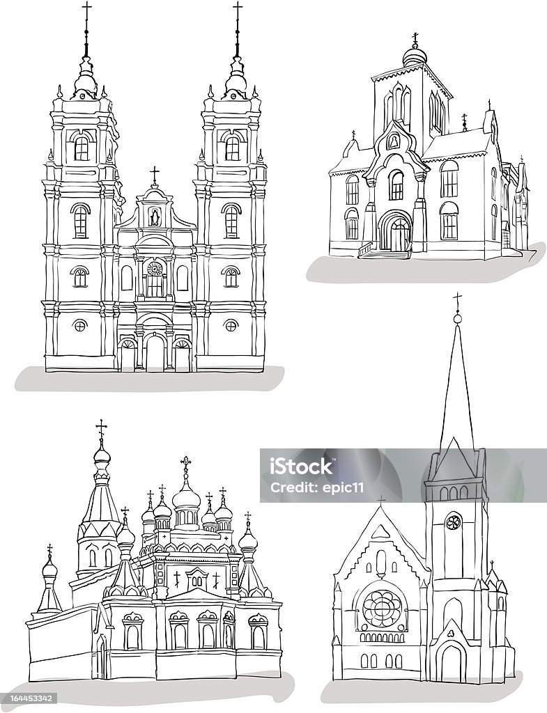 Sketches of churches "Set of sketches of churches, Hand drawn vector illustration" Church stock vector