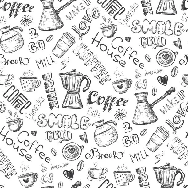 Vector illustration of Seamless pattern with coffee. Various words, mugs and signs on coffee theme, on white background. Texture with doodle coffee symbols, decor, monochromatic hand drawn wallpaper.