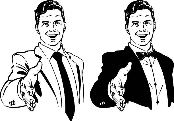 Retro hand shake men Hand drawn vector retro gentlemen with a hand shake. businessman illustrations stock illustrations