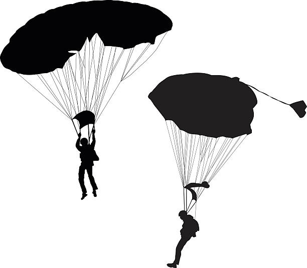 스카이 다이빙 - parachute parachuting skydiving silhouette stock illustrations