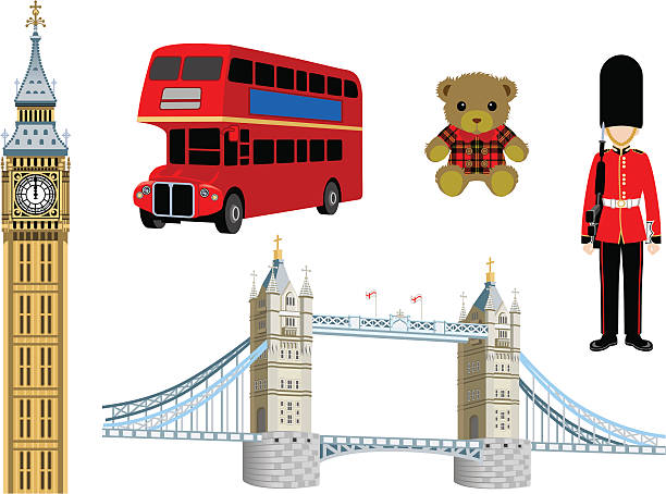 illustrazioni stock, clip art, cartoni animati e icone di tendenza di set di simboli di londra - london england big ben bridge england