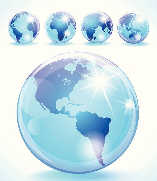 illustrazioni stock, clip art, cartoni animati e icone di tendenza di altamente dettagliata set di 5 lucido vettoriale globe. - three dimensional shape continents bright blue