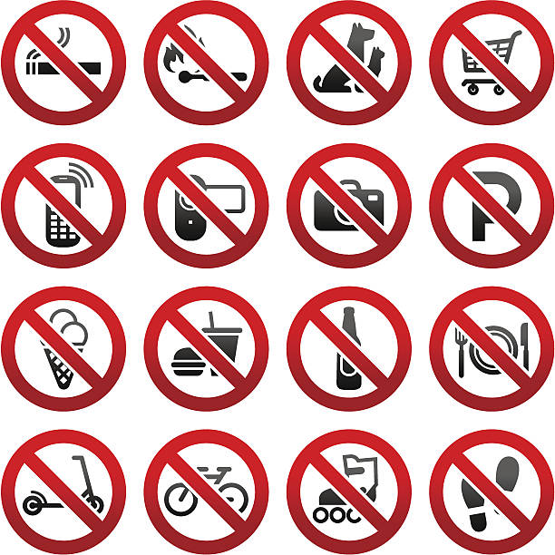 Set icons Prohibited symbols Shop signs Set ban icons Prohibited symbols Shop signs. cigarette warning label stock illustrations