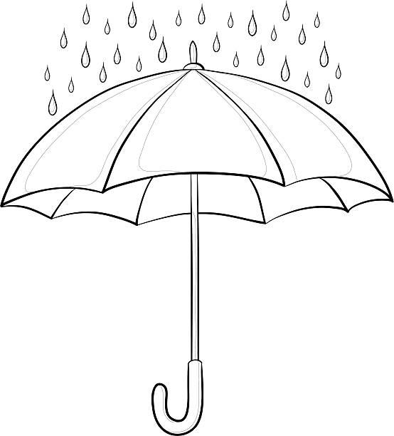 Umbrella and rain, contours "Vector, umbrella and rain drops, monochrome contours on white background" black and white rain stock illustrations