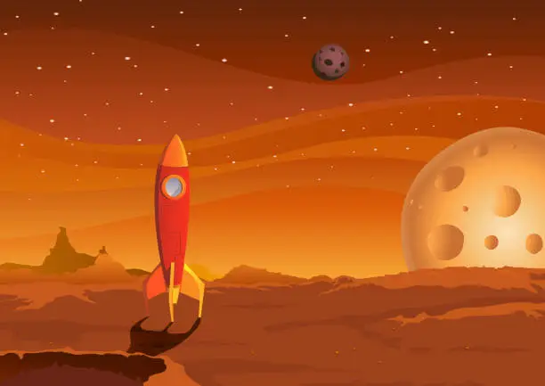 Vector illustration of Spaceship On Martian Landscape