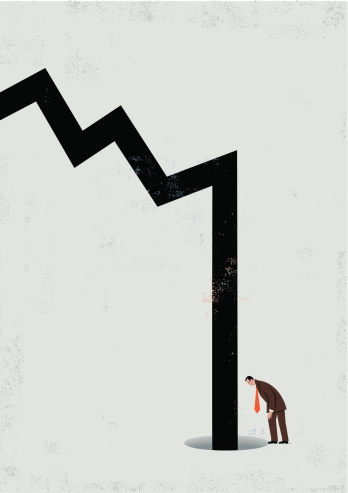 Man looking down a hole as shares market takes a downward turn. The main elements are in separate layers. The texture has itA's own layer. Illustrator eps vector file and jpg file available.
